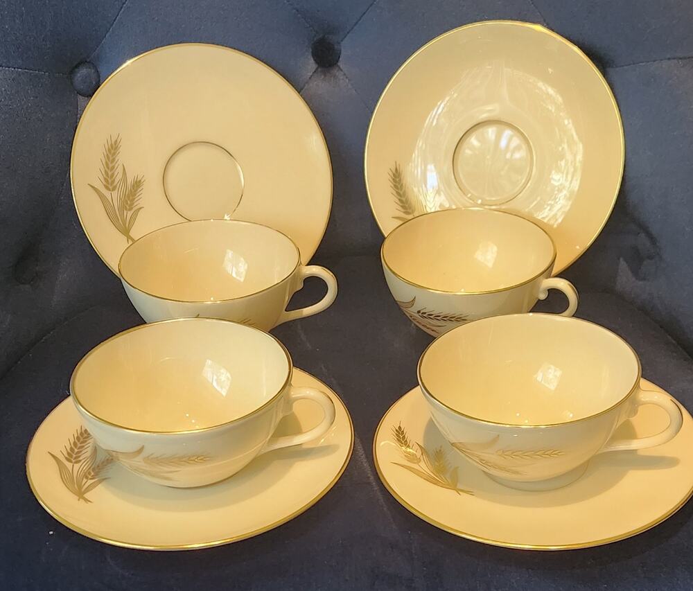 Lenox Wheat R442 Flat Cup & Saucer Set of 4 Ivory Gold Trim Vintage USA